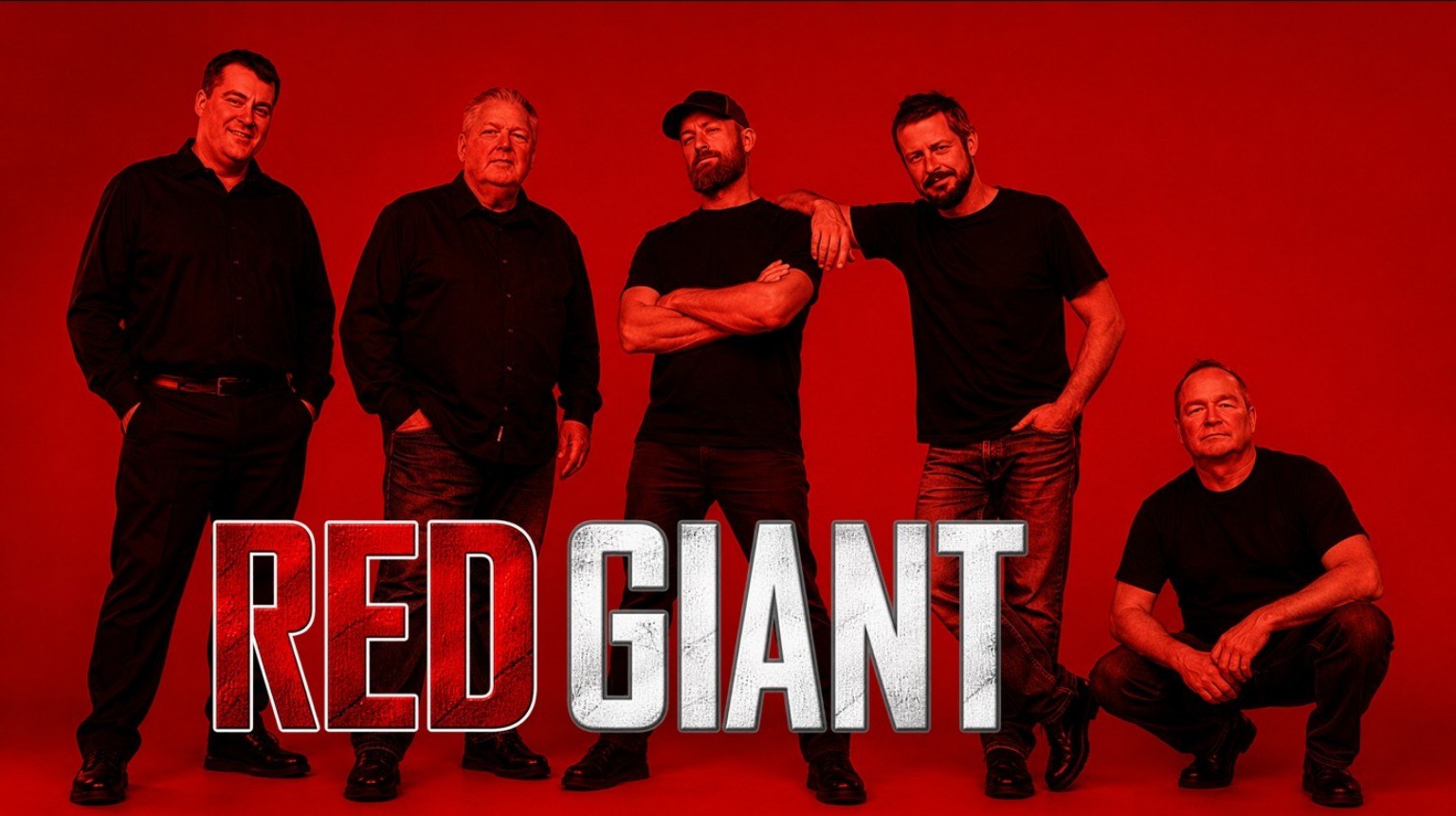 The five members of Red Giant against a red backdrop