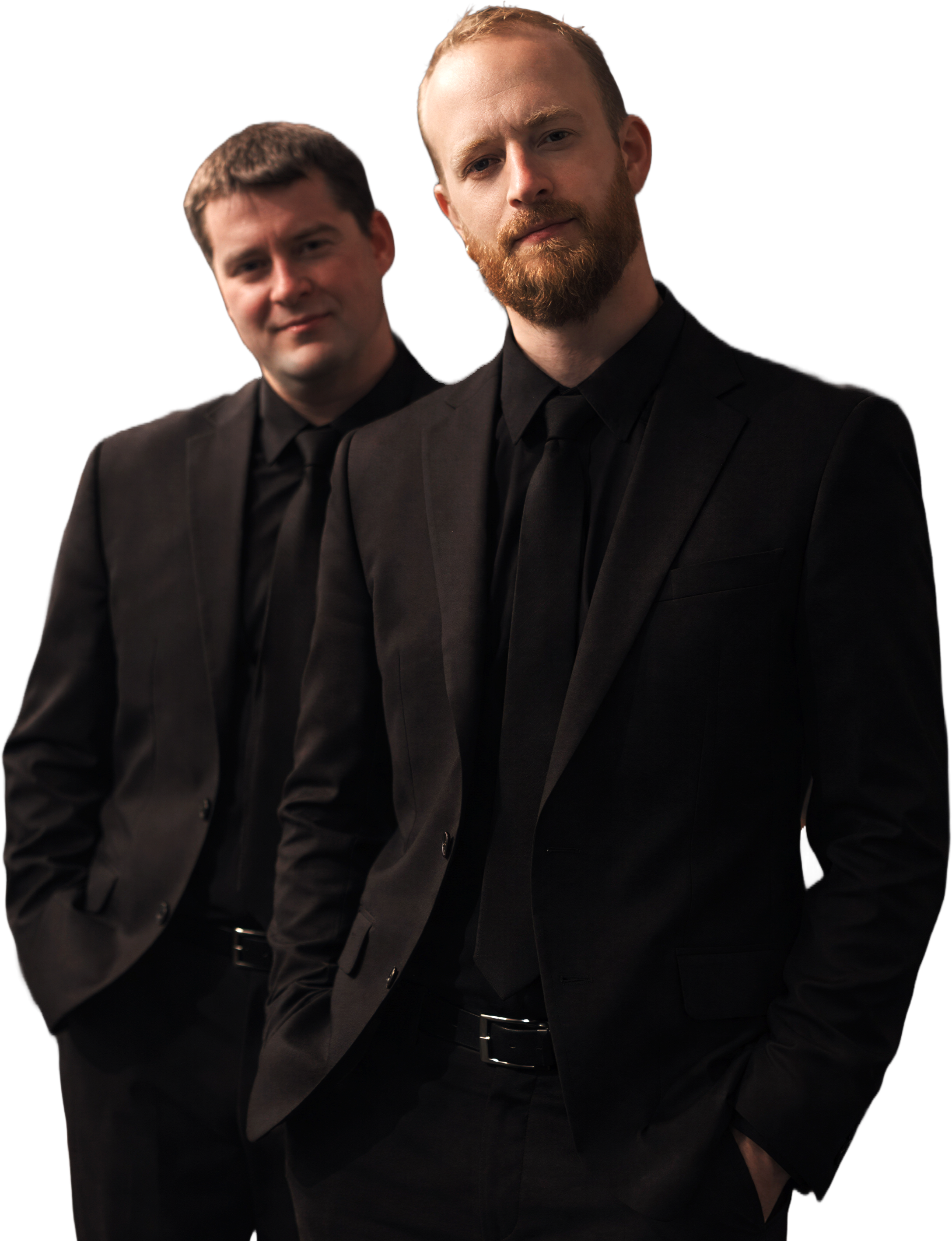 Scott Arkell and Phil Dickson of The Social Standard in black suits